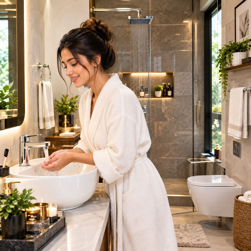 Premium vanity basin area with modern mixer and luxury bathroom interior